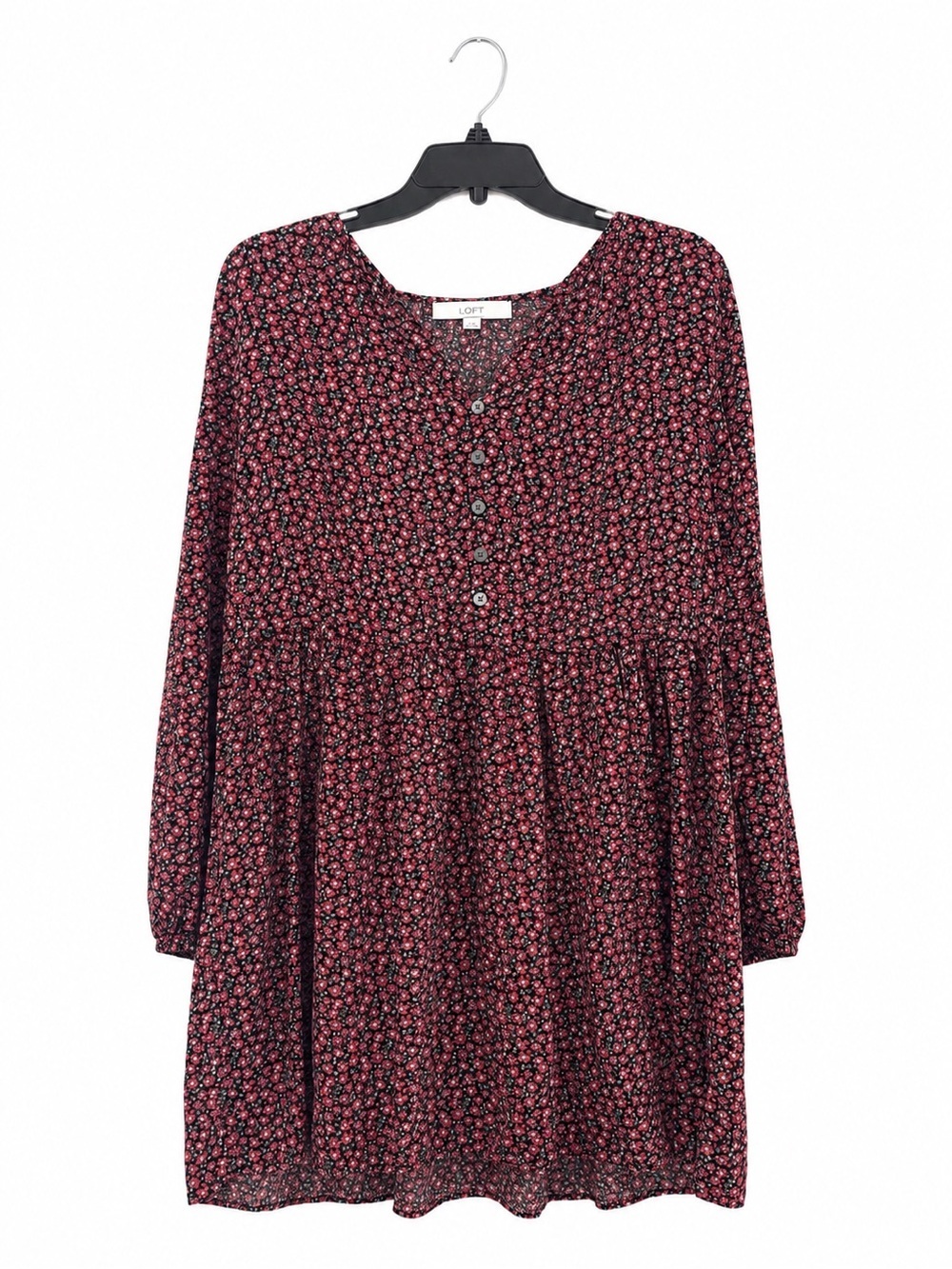 LOFT Burgundy Floral Babydoll Swing Dress Long Sleeve Women’s Medium